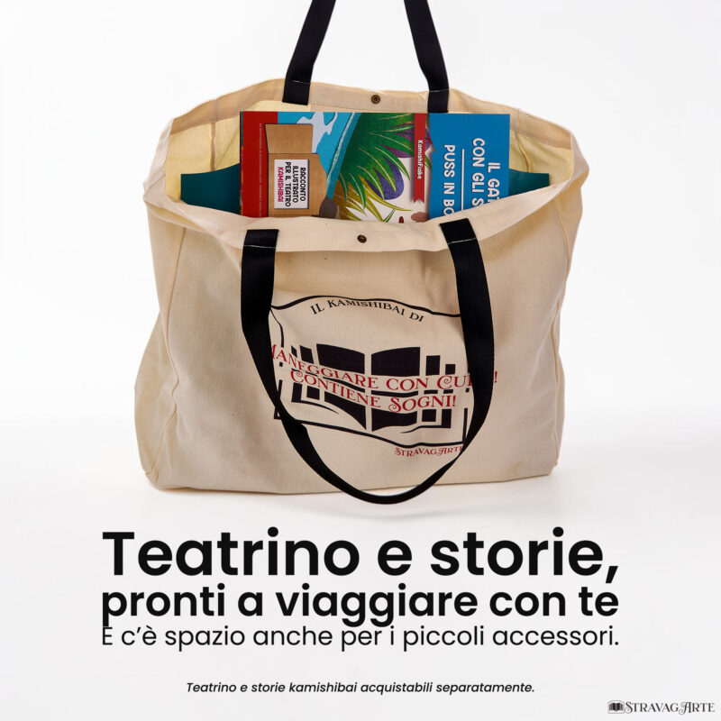 KamishiBag borsa porta teatrino kamishibai A3 aperta con teatrino e storie all'interno
