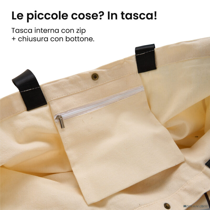 Dettaglio della tasca interna con zip e del bottone di chiusura della KamishiBag borsa porta teatrino kamishibai A3