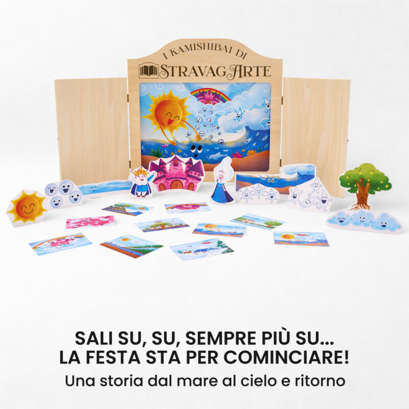 Kamishibai kit Re Nuvolone e Regina Vaporina e la Danza del Ciclo dell’Acqua con burattini e teatrino butai A3 StravagArte.