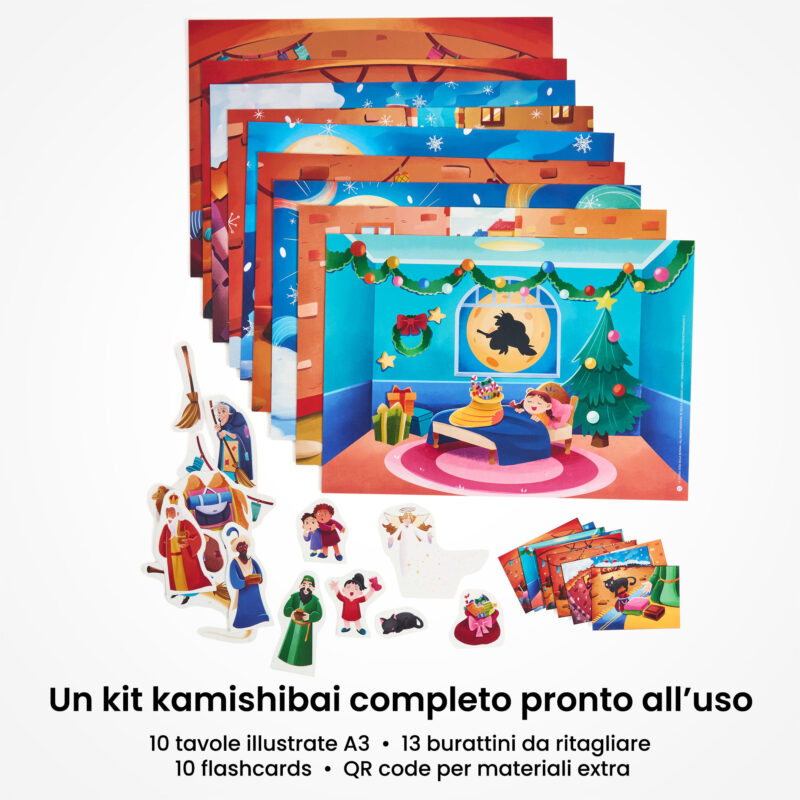 Kamishibai: Contenuto set La storia vera della Befana: tavole A3, burattini e flashcards.