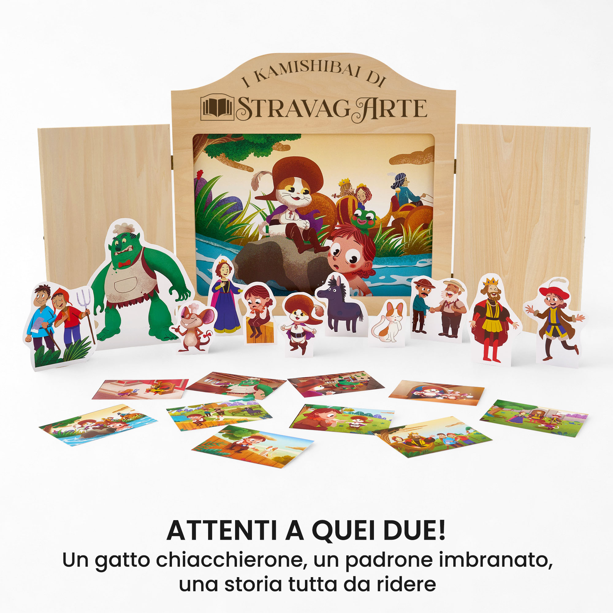 Kamishibai: Kit Il gatto con gli stivali con burattini e teatrino butai A3 StravagArte.