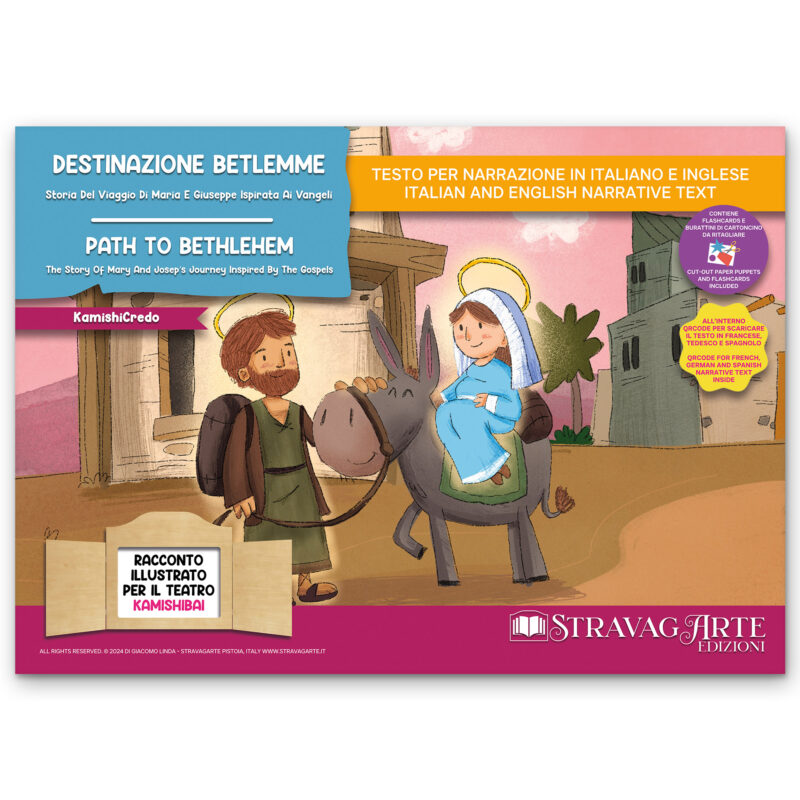 Kamishibai copertina storia bilingue Destinazione Betlemme Storia del Viaggio di Maria e Giuseppe Ispirata ai Vangeli StravagArte 