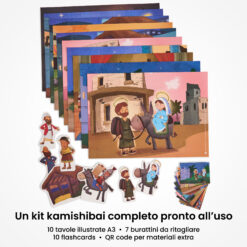 Kamishibai: contenuto del set Destinazione Betlemme Storia del Viaggio di Maria e Giuseppe Ispirata ai Vangeli : tavole A3, burattini e flashcards.