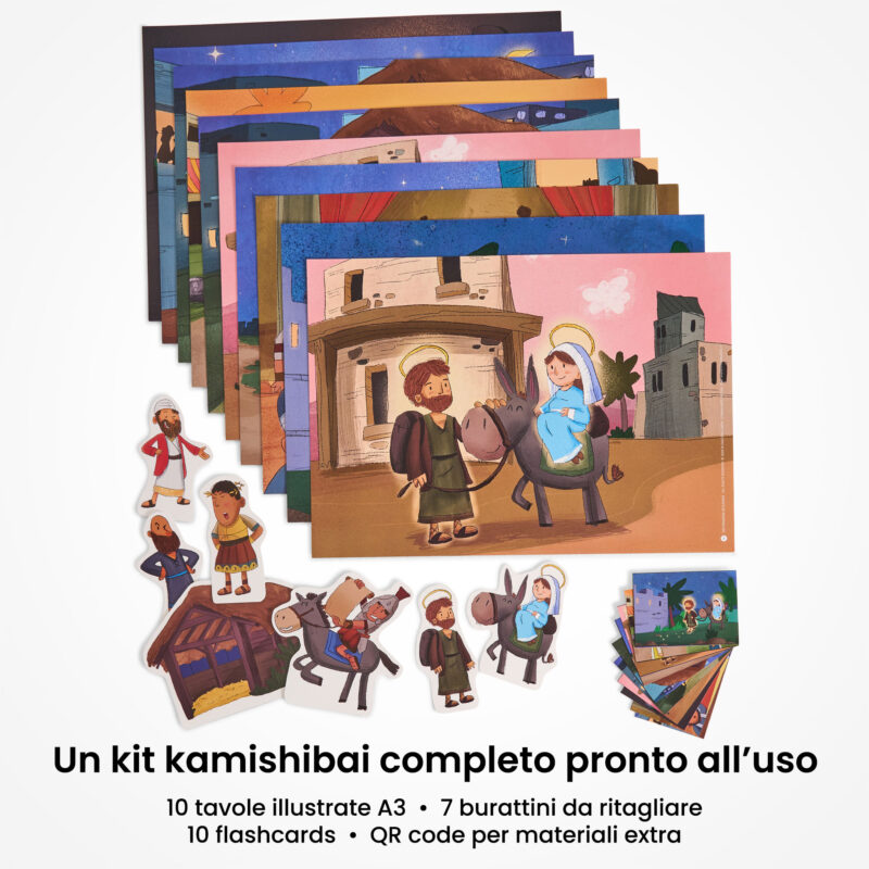 Kamishibai: contenuto del set Destinazione Betlemme Storia del Viaggio di Maria e Giuseppe Ispirata ai Vangeli : tavole A3, burattini e flashcards.