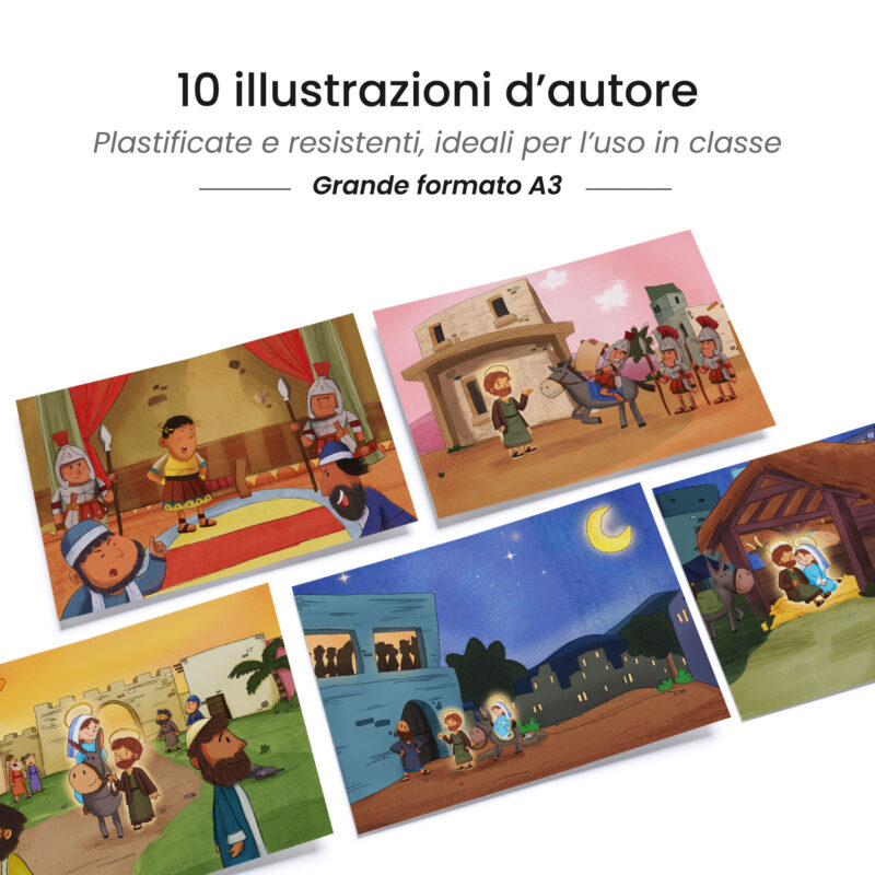 Kamishibai: tavole A3 illustrate per storia Kamishibai Destinazione Betlemme Storia del Viaggio di Maria e Giuseppe Ispirata ai Vangeli .