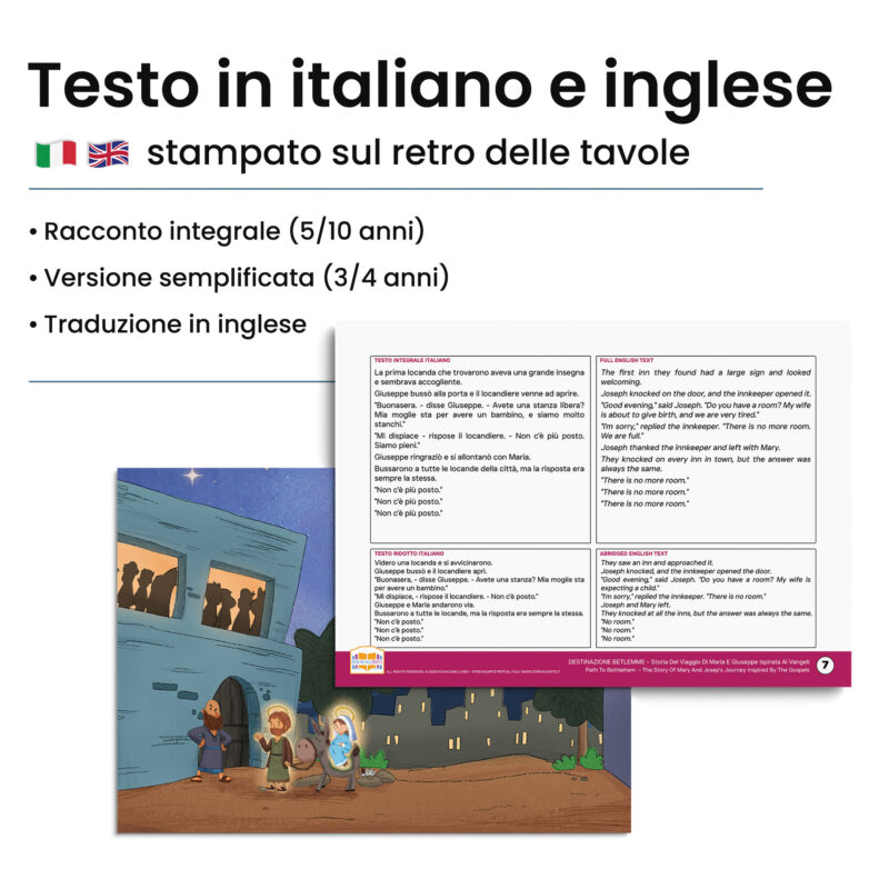 Kamishibai: Retro tavole Destinazione Betlemme Storia del Viaggio di Maria e Giuseppe Ispirata ai Vangeli con testo bilingue italiano inglese.