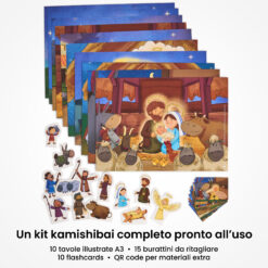 Kamishibai: contenuto del set La Notte Santa Storia della Notte in cui Nacque Gesù ispirata ai Vangeli: tavole A3, burattini e flashcards.