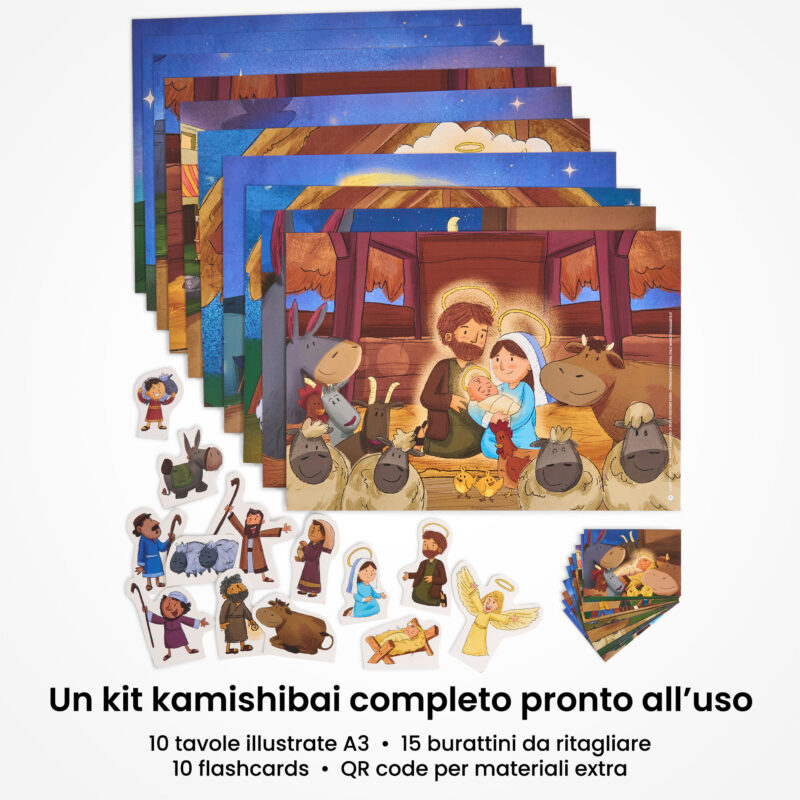 Kamishibai: contenuto del set La Notte Santa Storia della Notte in cui Nacque Gesù ispirata ai Vangeli: tavole A3, burattini e flashcards.