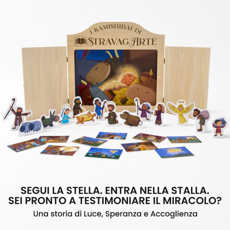 Kamishibai kit La Notte Santa Storia della Notte in cui Nacque Gesù ispirata ai Vangeli con burattini e teatrino butai A3 StravagArte.