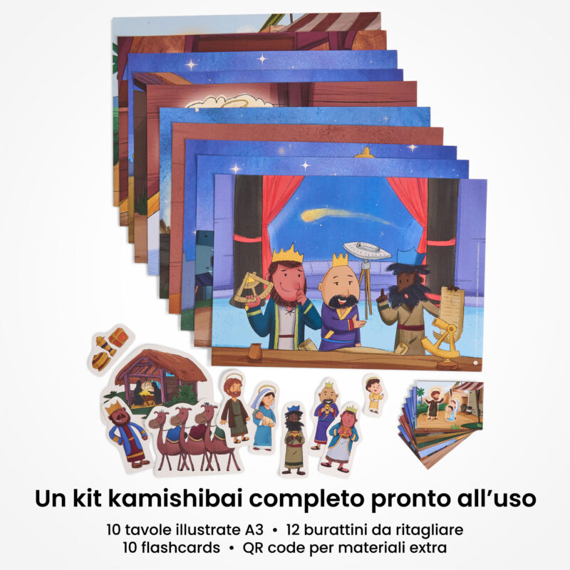Kamishibai: contenuto del set I Tre Re dall’Oriente Storia dell’Adorazione dei Magi ispirata ai Vangeli: tavole A3, burattini e flashcards.