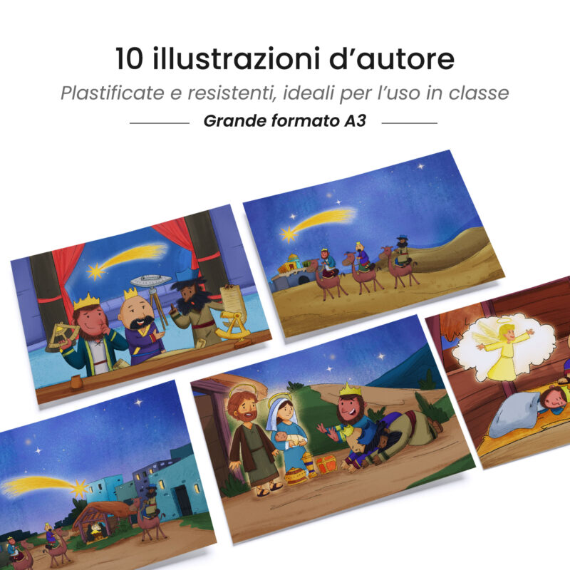 Kamishibai: tavole A3 illustrate per storia Kamishibai I Tre Re dall’Oriente Storia dell’Adorazione dei Magi ispirata ai Vangeli.