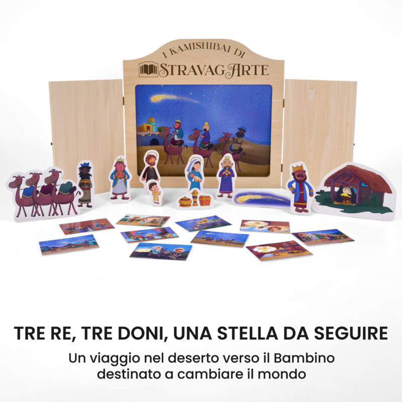 Kamishibai kit I Tre Re dall’Oriente Storia dell’Adorazione dei Magi ispirata ai Vangeli con burattini e teatrino butai A3 StravagArte.