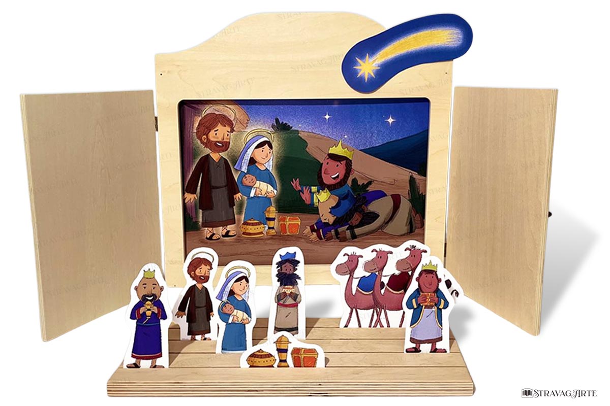 i tre re dall'oriente - storia dell'adorazione dei magi ispirata ai vangeli - storia kamishibai bilingue di StravagArte - storie bibliche illustrate in grande formato