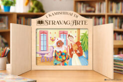Arlecchino e Colombina e l'Intrigo di Carnevale | Storia kamishibai bilingue italiano/inglese con burattini, flashcards e materiali educativi stampabili - su un tavolo in biblioteca