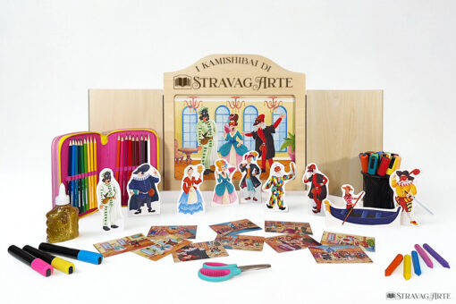 Arlecchino e Colombina e l'Intrigo di Carnevale | Storia kamishibai bilingue italiano/inglese con burattini, flashcards e materiali educativi stampabili - contenuto del kit kamishibai