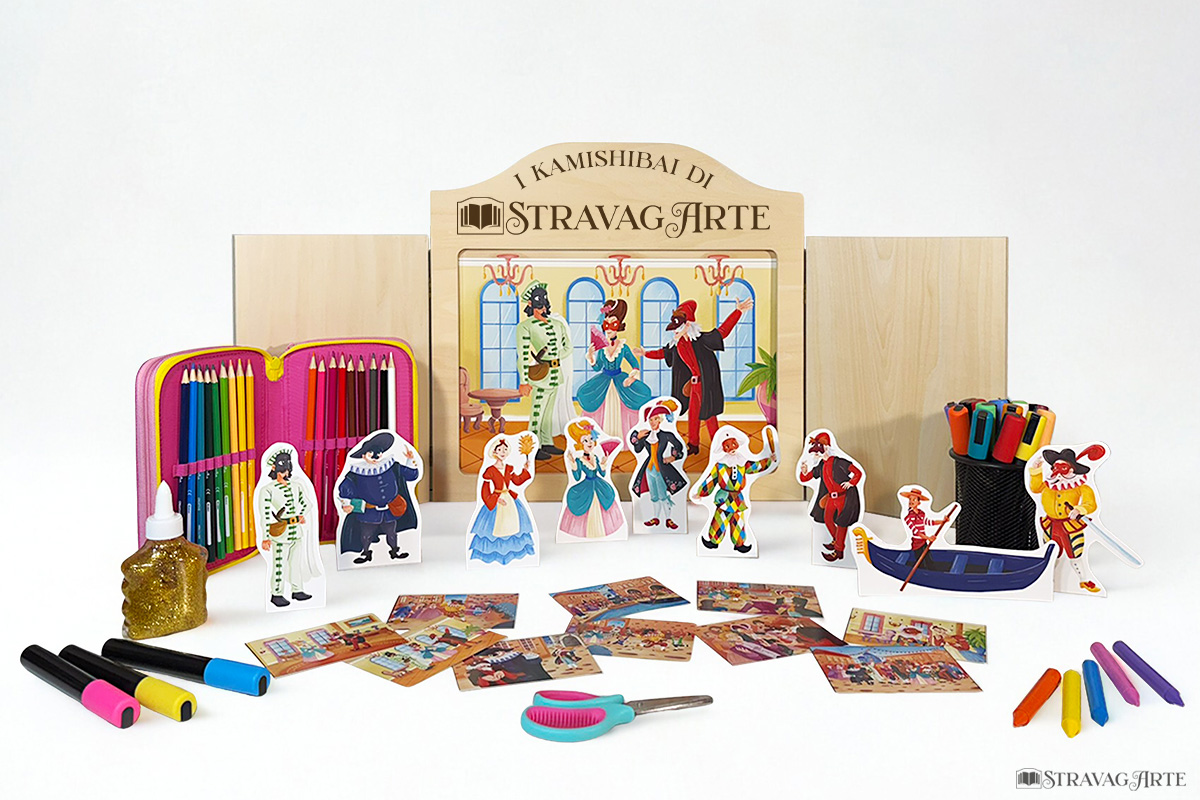 Arlecchino e Colombina e l'Intrigo di Carnevale | Storia kamishibai bilingue italiano/inglese con burattini, flashcards e materiali educativi stampabili - contenuto del kit kamishibai