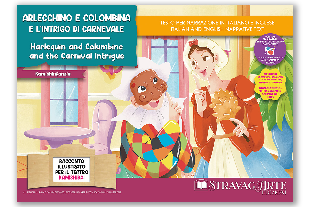 Arlecchino e Colombina e l'Intrigo di Carnevale | Storia kamishibai bilingue italiano/inglese con burattini, flashcards e materiali educativi stampabili - copertina fronte