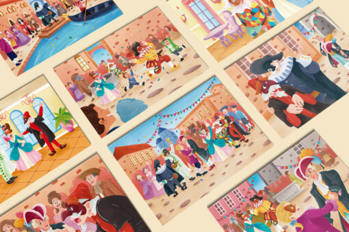 Arlecchino e Colombina e l'Intrigo di Carnevale | Storia kamishibai bilingue italiano/inglese con burattini, flashcards e materiali educativi stampabili - tavole illustrate a colori