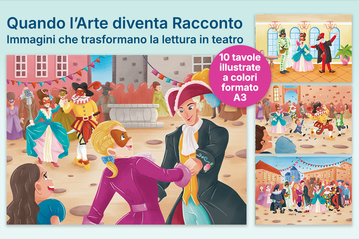 Arlecchino e Colombina e l'Intrigo di Carnevale | Storia kamishibai bilingue italiano/inglese con burattini, flashcards e materiali educativi stampabili - tavole illustrate a colori