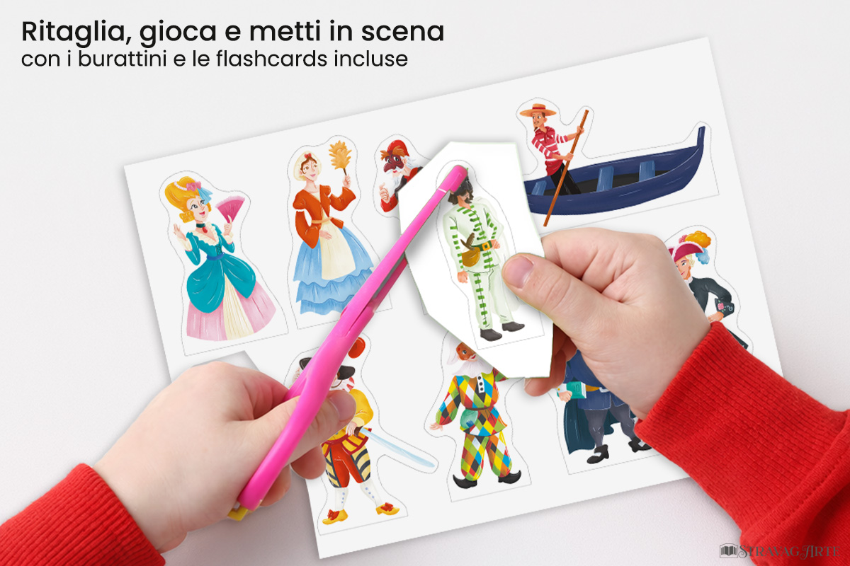 Arlecchino e Colombina e l'Intrigo di Carnevale | Storia kamishibai bilingue italiano/inglese con burattini, flashcards e materiali educativi stampabili - ritaglia gioca e metti in scena con i burattini e le flashcards incluse