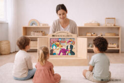 Arlecchino e Colombina e l'Intrigo di Carnevale | Storia kamishibai bilingue italiano/inglese con burattini, flashcards e materiali educativi stampabili - maestra che legge in una scuola ispirata ai principi Montessori
