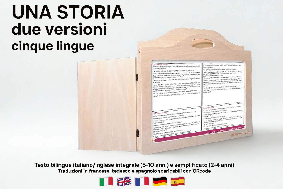 Arlecchino e Colombina e l'Intrigo di Carnevale | Storia kamishibai bilingue italiano/inglese con burattini, flashcards e materiali educativi stampabili - testo bilingue stampato sul retro delle tavole