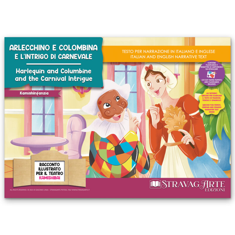 Kamishibai copertina storia bilingue Arlecchino e Colombina e l’Intrigo di Carnevale StravagArte