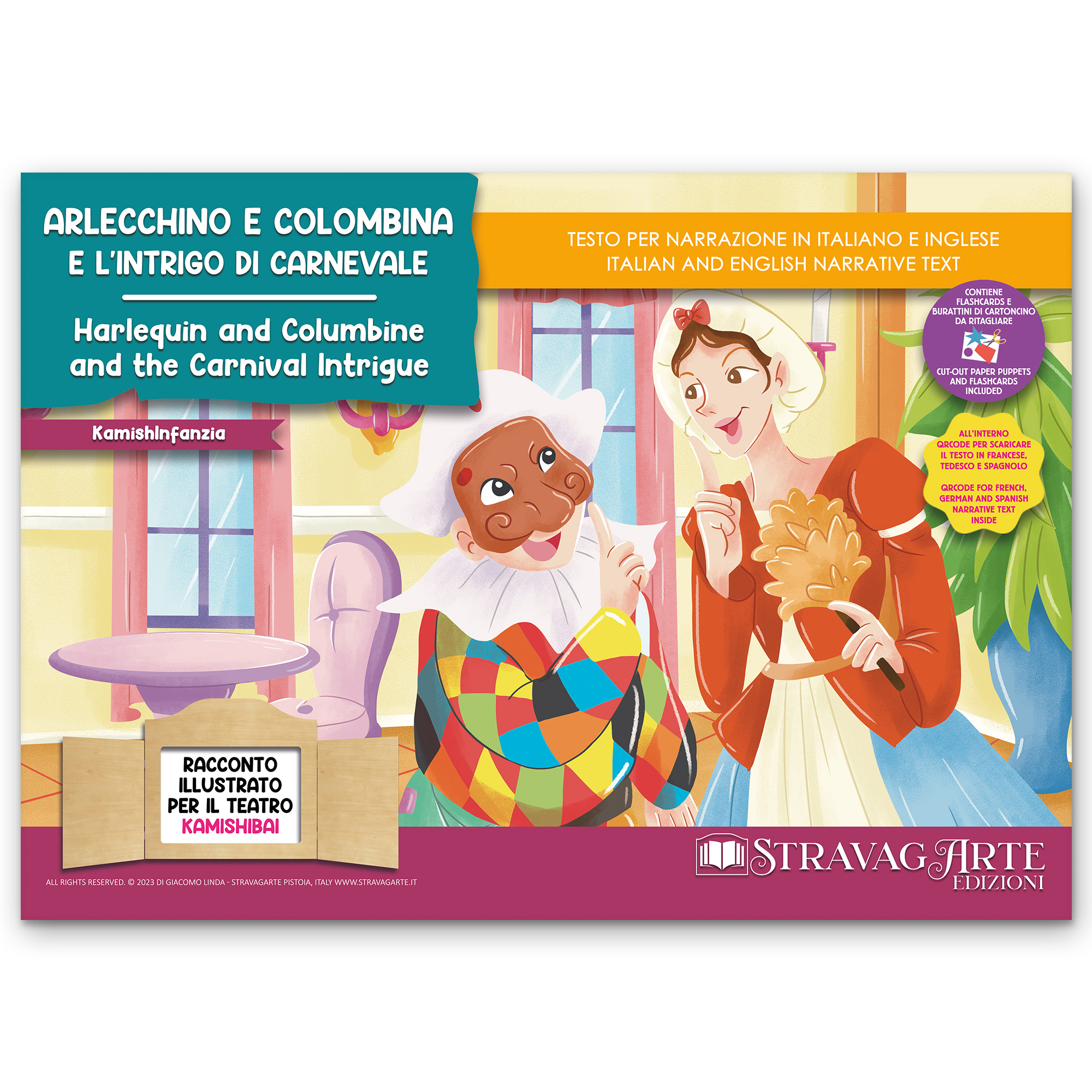 Kamishibai copertina storia bilingue Arlecchino e Colombina e l’Intrigo di Carnevale StravagArte