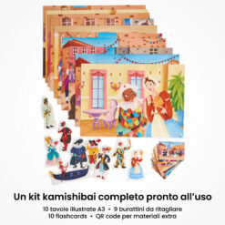 Kamishibai: contenuto del set Arlecchino e Colombina e l’Intrigo di Carnevale: tavole A3, burattini e flashcards.