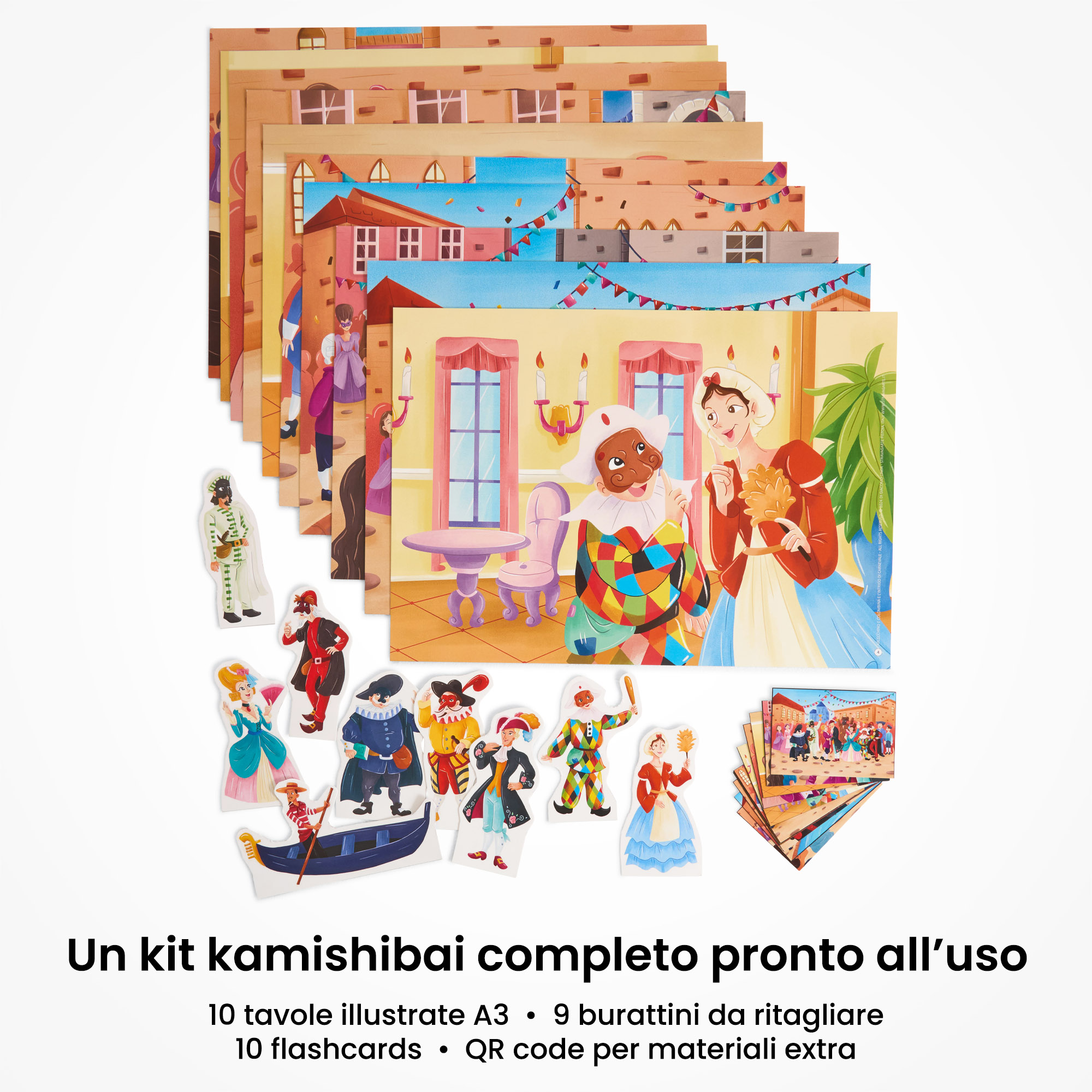 Kamishibai: contenuto del set Arlecchino e Colombina e l’Intrigo di Carnevale: tavole A3, burattini e flashcards.