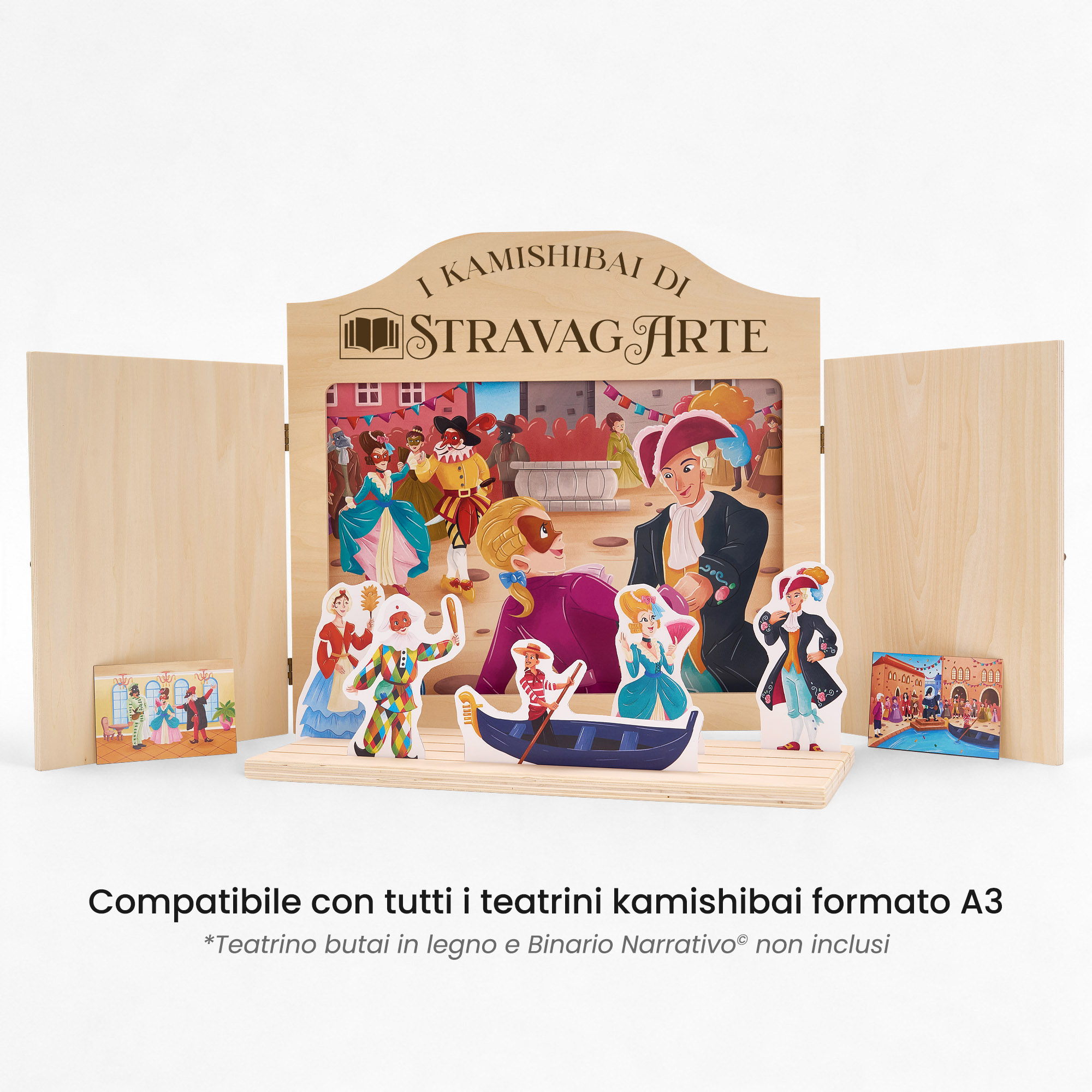 Kamishibai: Tavole A3 Arlecchino e Colombina e l’Intrigo di Carnevale compatibili teatrino legno.