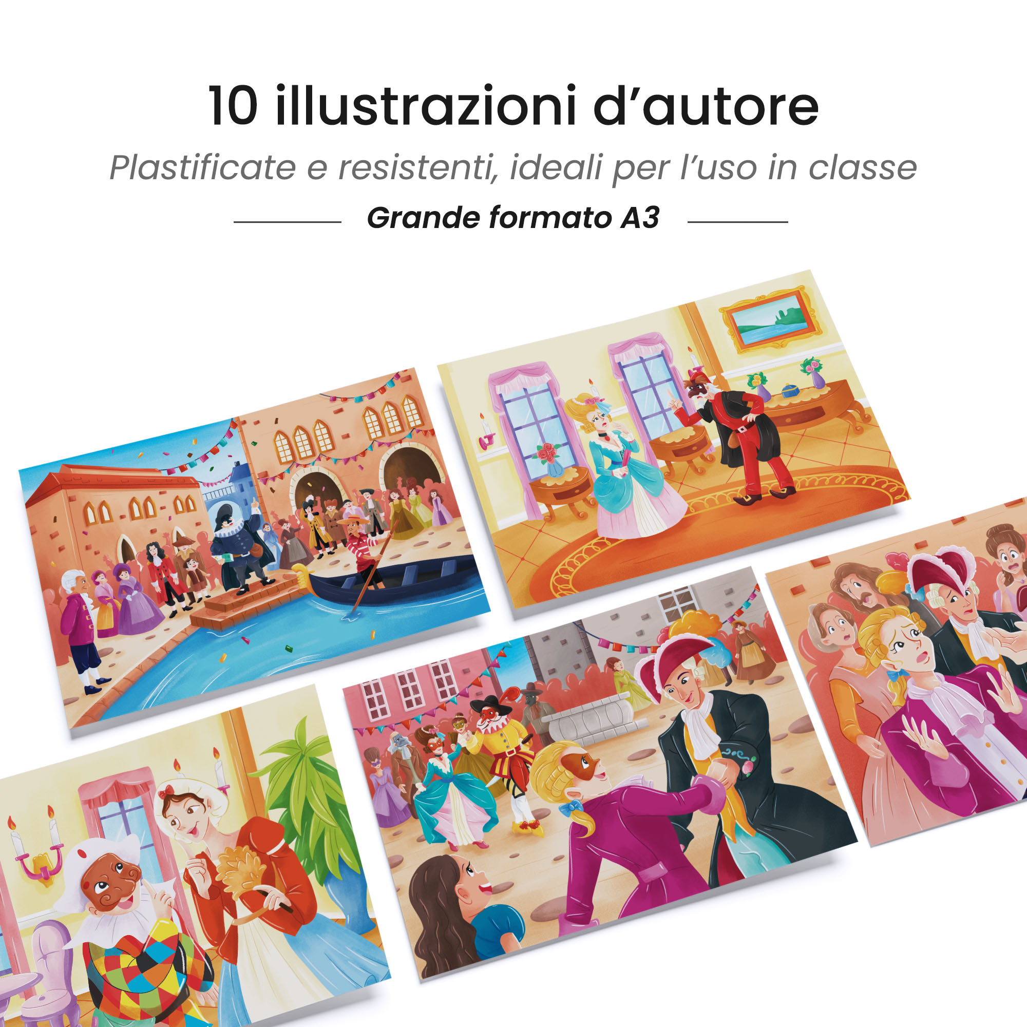 Kamishibai: tavole A3 illustrate per storia Kamishibai Arlecchino e Colombina e l’Intrigo di Carnevale.