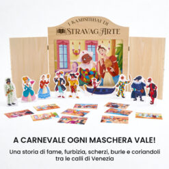 Kamishibai kit Arlecchino e Colombina e l’Intrigo di Carnevale con burattini e teatrino butai A3 StravagArte.