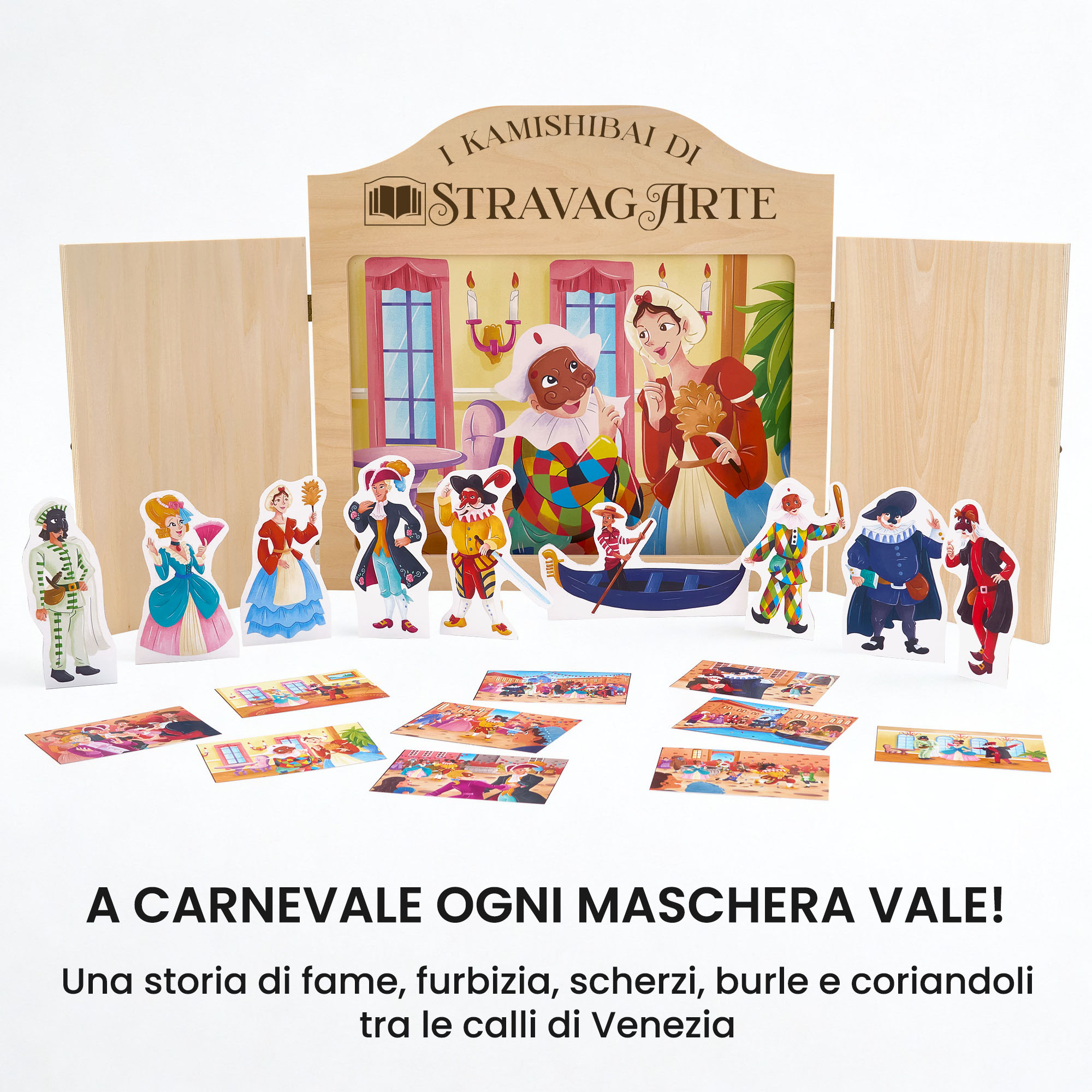 Kamishibai kit Arlecchino e Colombina e l’Intrigo di Carnevale con burattini e teatrino butai A3 StravagArte.
