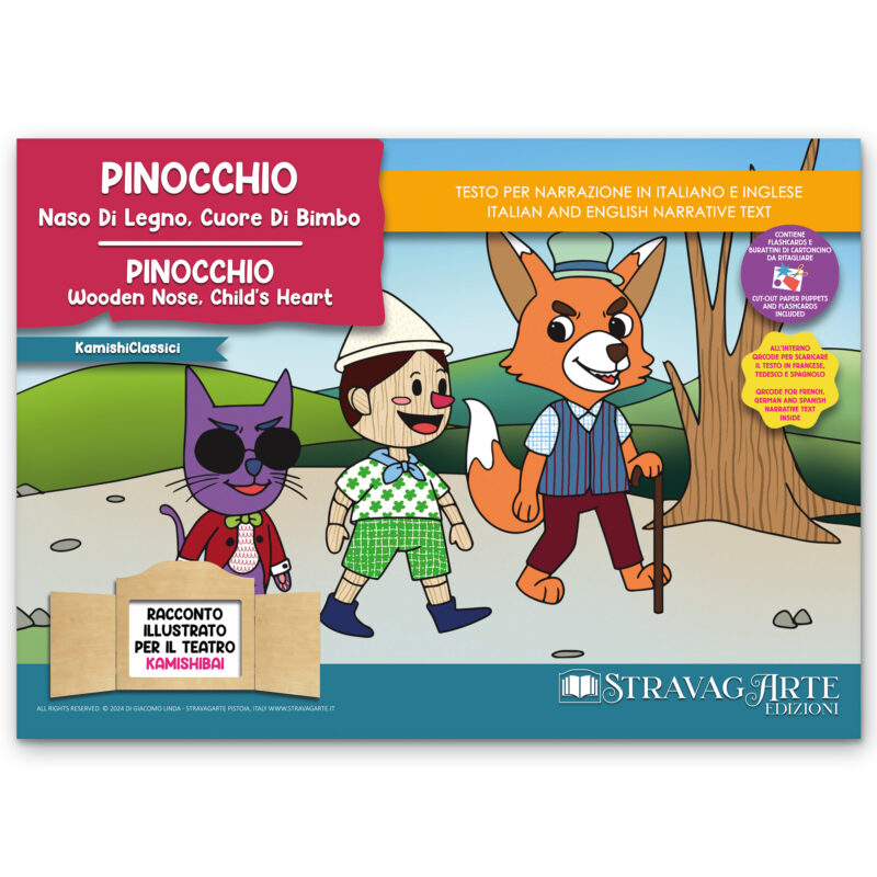 Kamishibai copertina storia bilingue Pinocchio, Naso di Legno Cuore di Bimbo StravagArte