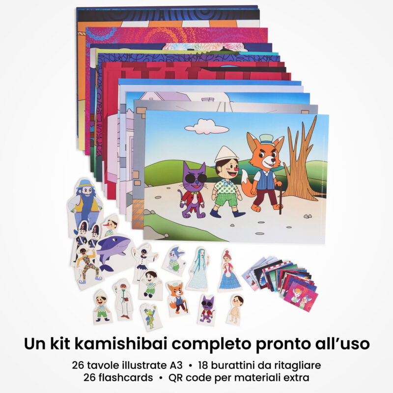 Kamishibai: contenuto del set Pinocchio, Naso di Legno Cuore di Bimbo: tavole A3, burattini e flashcards.
