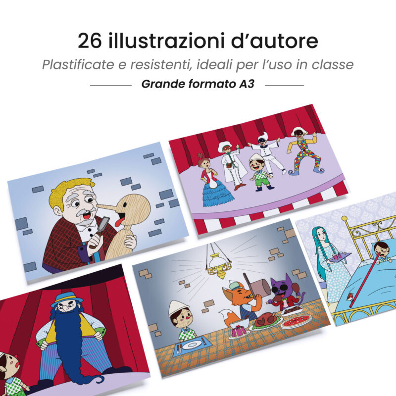 Kamishibai: tavole A3 illustrate per storia Kamishibai Pinocchio, Naso di Legno Cuore di Bimbo.