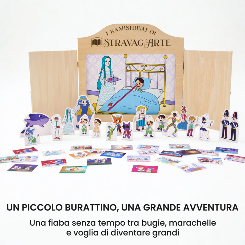Kamishibai kit Pinocchio, Naso di Legno Cuore di Bimbo con burattini e teatrino butai A3 StravagArte.
