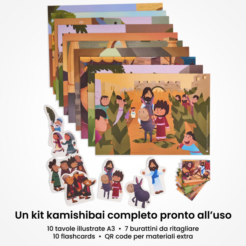 Kamishibai: contenuto del set Il Re sull’Asinello – Storia della Domenica delle Palme ispirata ai Vangeli: tavole A3, burattini e flashcards.