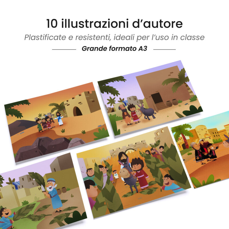 Kamishibai: tavole A3 illustrate per storia Kamishibai Il Re sull’Asinello – Storia della Domenica delle Palme ispirata ai Vangeli.