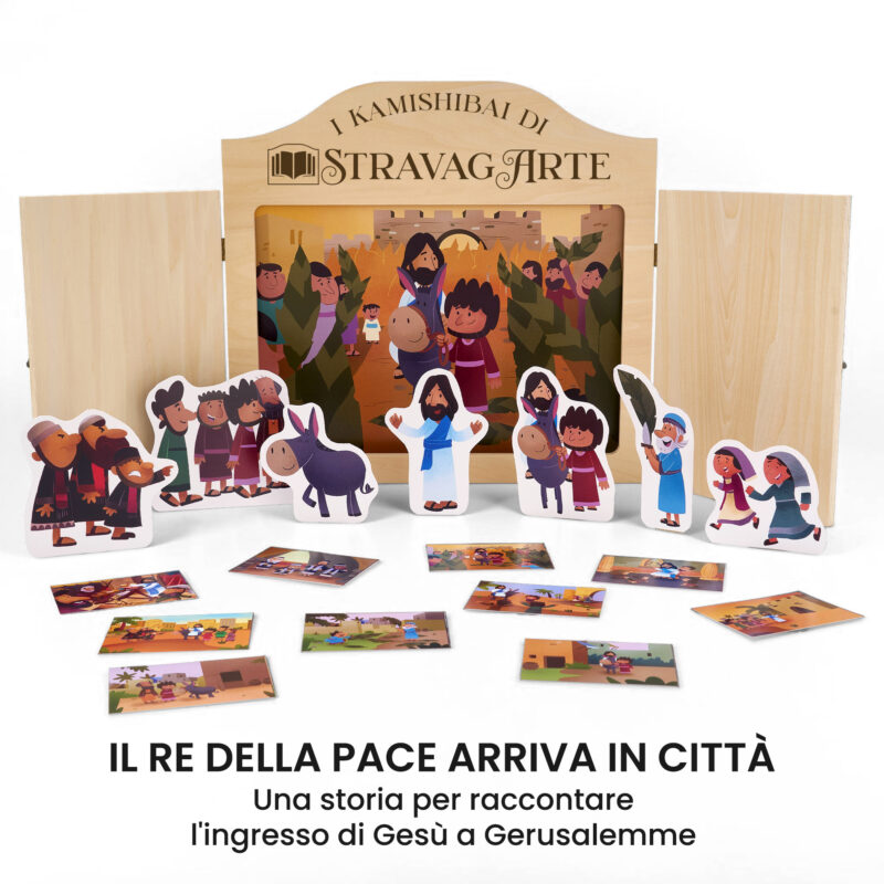 Kamishibai kit Il Re sull’Asinello – Storia della Domenica delle Palme ispirata ai Vangeli con burattini e teatrino butai A3 StravagArte.
