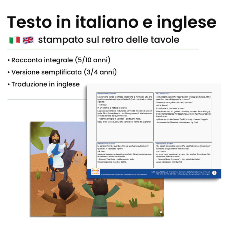 Kamishibai: Retro tavole Il Re sull’Asinello – Storia della Domenica delle Palme ispirata ai Vangeli con testo bilingue italiano inglese.