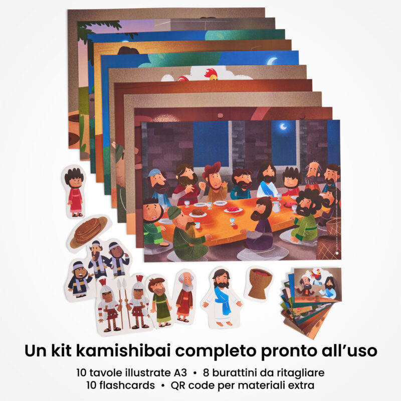 Kamishibai: contenuto del set Una Cena, un Dono Storia dell’Ultima Cena ispirata ai Vangeli : tavole A3, burattini e flashcards.