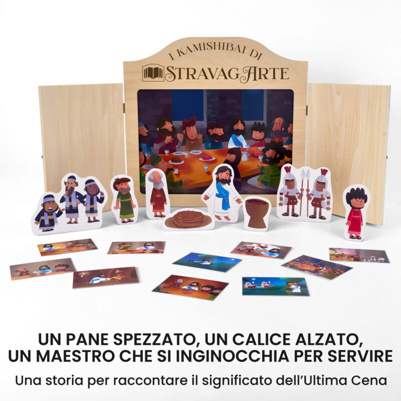 Kamishibai kit Una Cena, un Dono Storia dell’Ultima Cena ispirata ai Vangeli con burattini e teatrino butai A3 StravagArte.