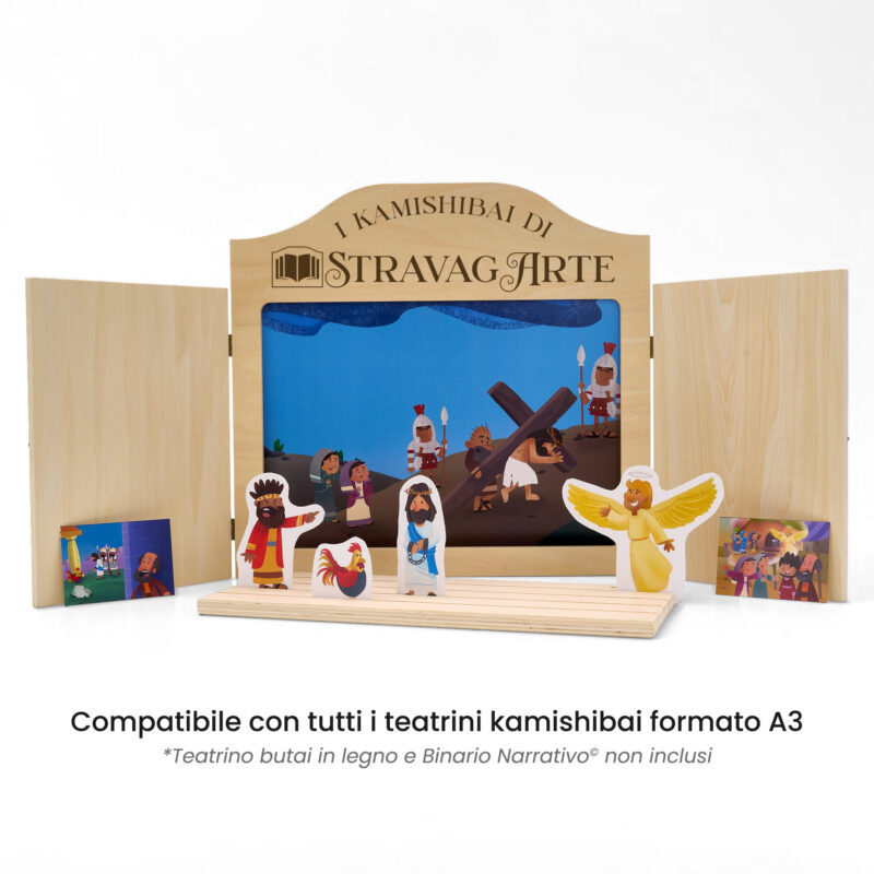 Kamishibai: Tavole A3 Tre Croci sul Monte Storia della Pasqua di Gesù ispirata ai Vangeli compatibili teatrino legno.