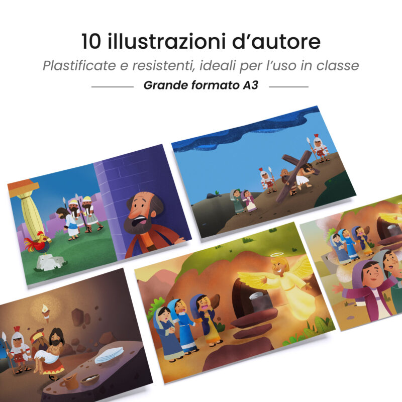 Kamishibai: tavole A3 illustrate per storia Kamishibai Tre Croci sul Monte Storia della Pasqua di Gesù ispirata ai Vangeli.