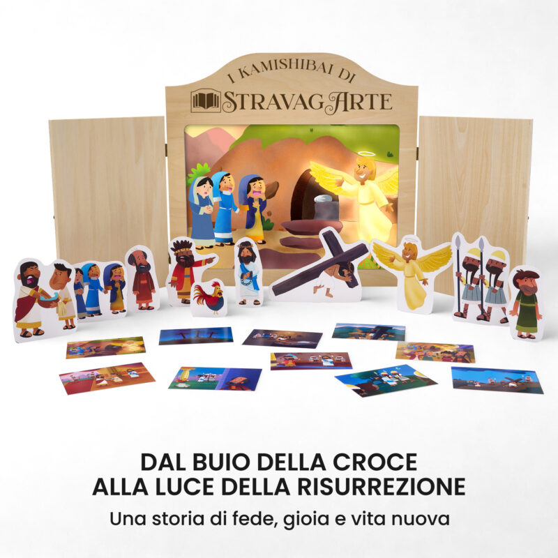 Kamishibai kit Tre Croci sul Monte Storia della Pasqua di Gesù ispirata ai Vangeli con burattini e teatrino butai A3 StravagArte.