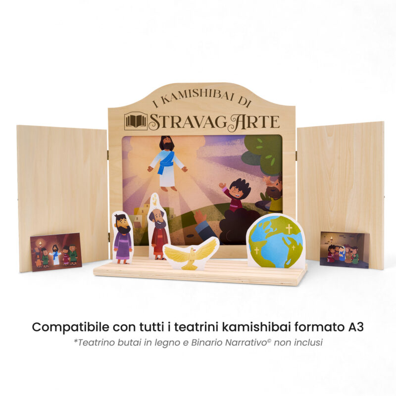 Kamishibai: Tavole A3 La Fiamma dal Cielo Storia di Ascensione e Pentecoste ispirata ai Vangeli compatibili teatrino legno.