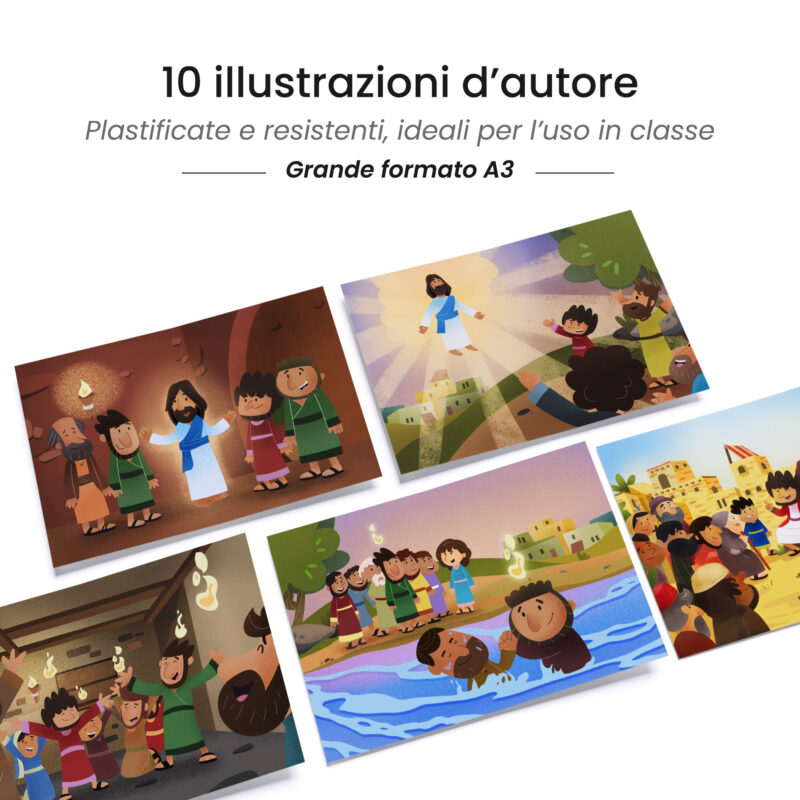 Kamishibai: tavole A3 illustrate per storia Kamishibai La Fiamma dal Cielo Storia di Ascensione e Pentecoste ispirata ai Vangeli.