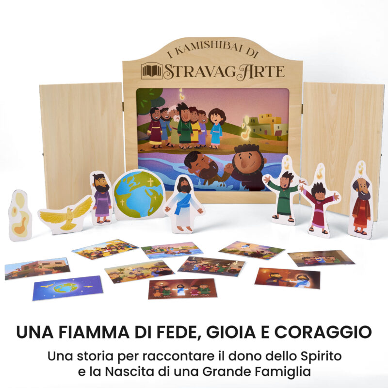 Kamishibai kit La Fiamma dal Cielo Storia di Ascensione e Pentecoste ispirata ai Vangeli con burattini e teatrino butai A3 StravagArte.